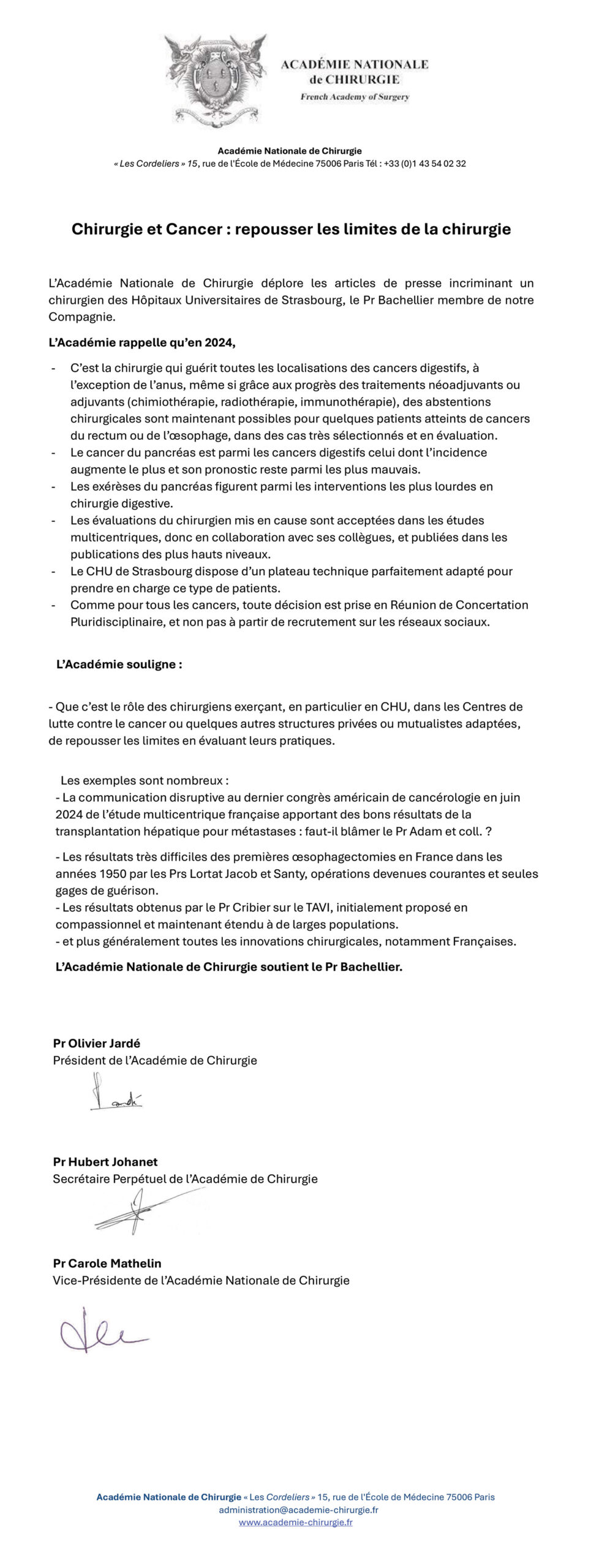 L’Académie Nationale de Chirurgie soutient le Professeur Philippe Bachellier